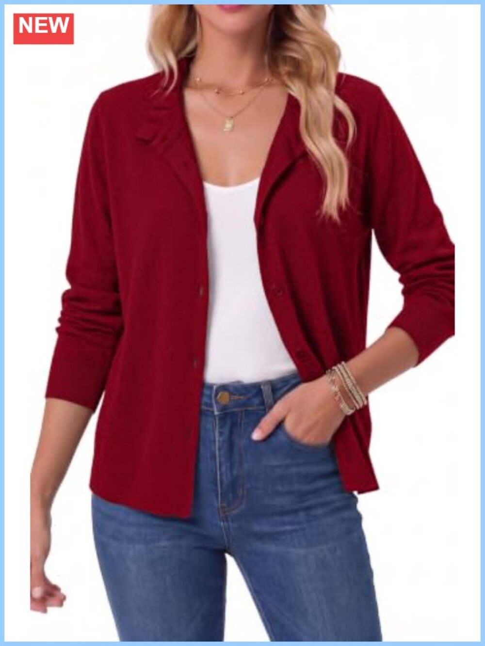 Womens Lightweight Ruffle Trim Button Down Cardigan Sweater